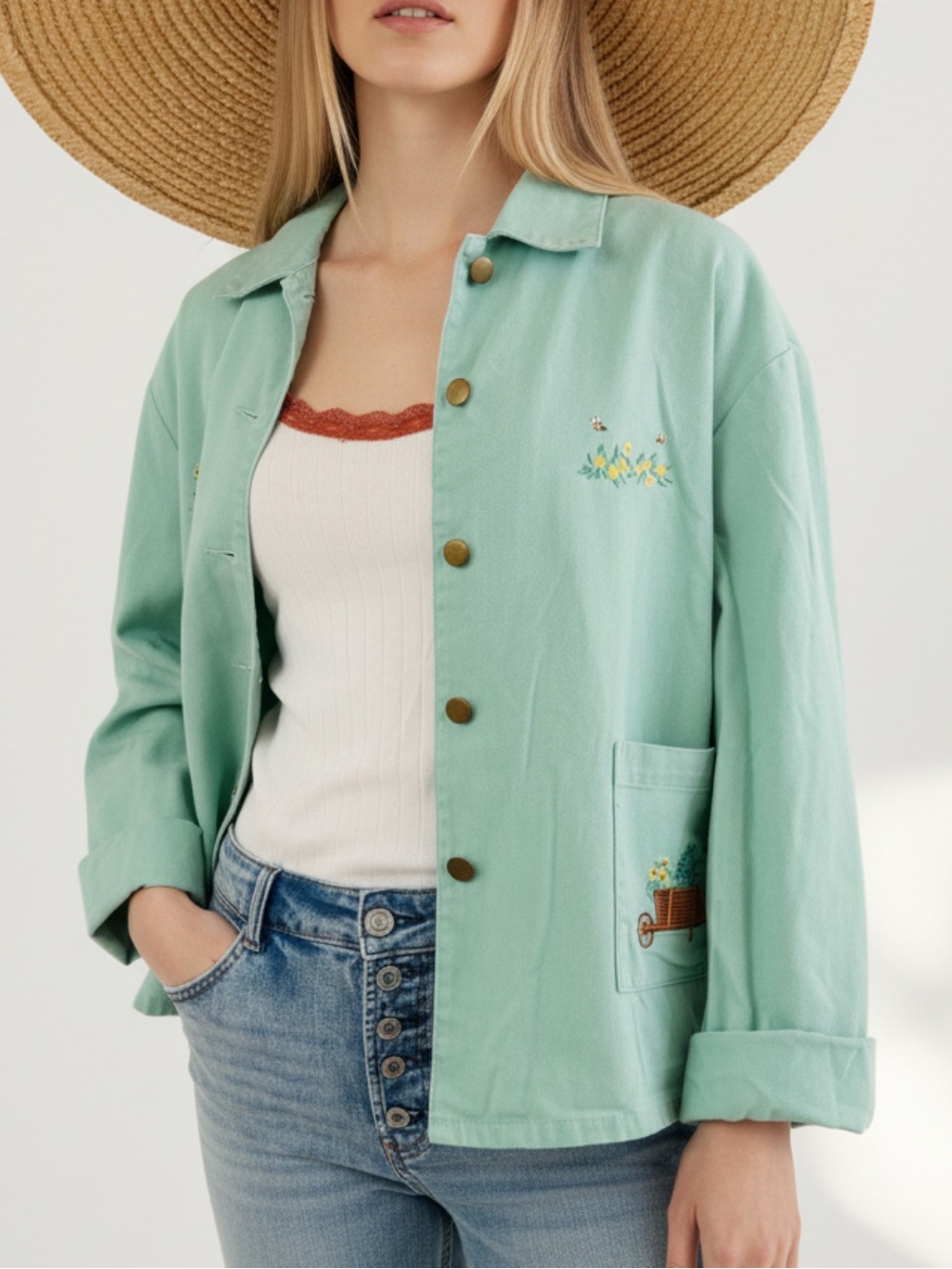 VINTAGE - GARDENING 🐝 Women's Mint Green Embroidered Button-Up Jacket